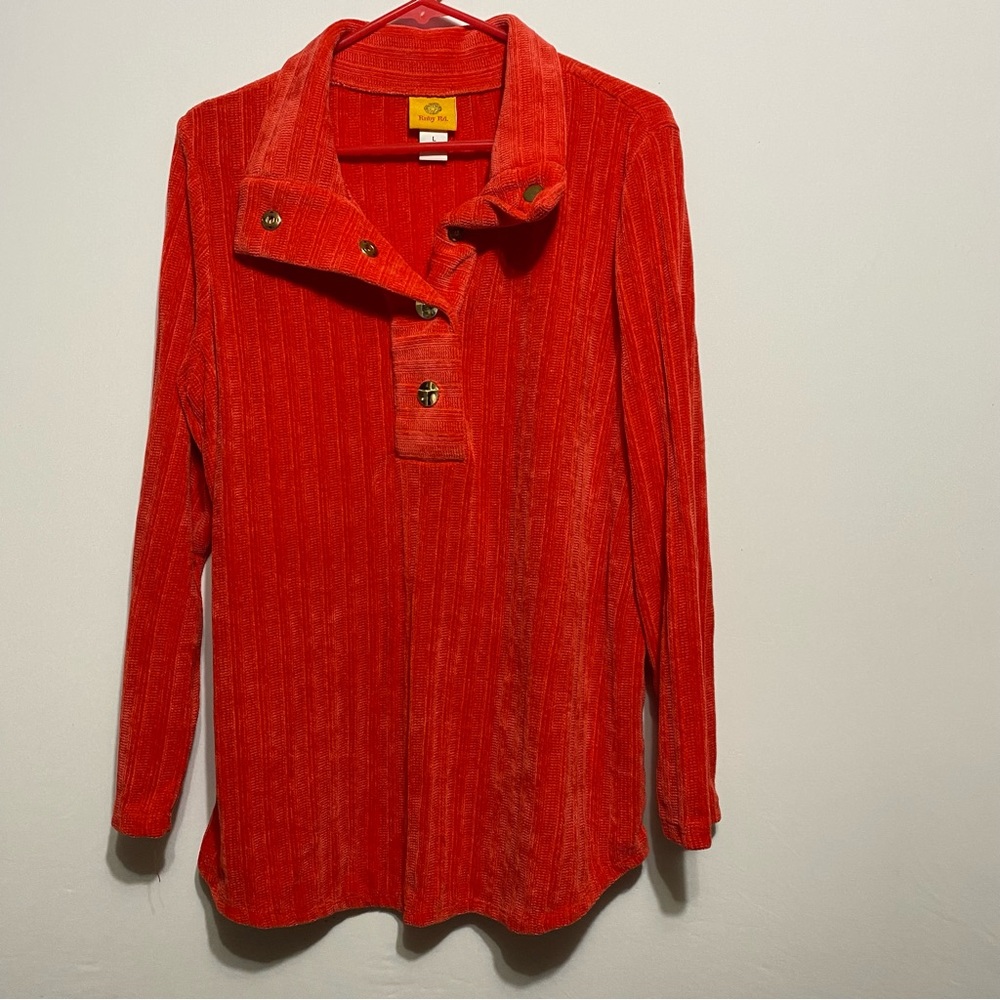 Ruby Rd Womens Sweater Large Red Snap Button Mock Neck Knit Pullover New